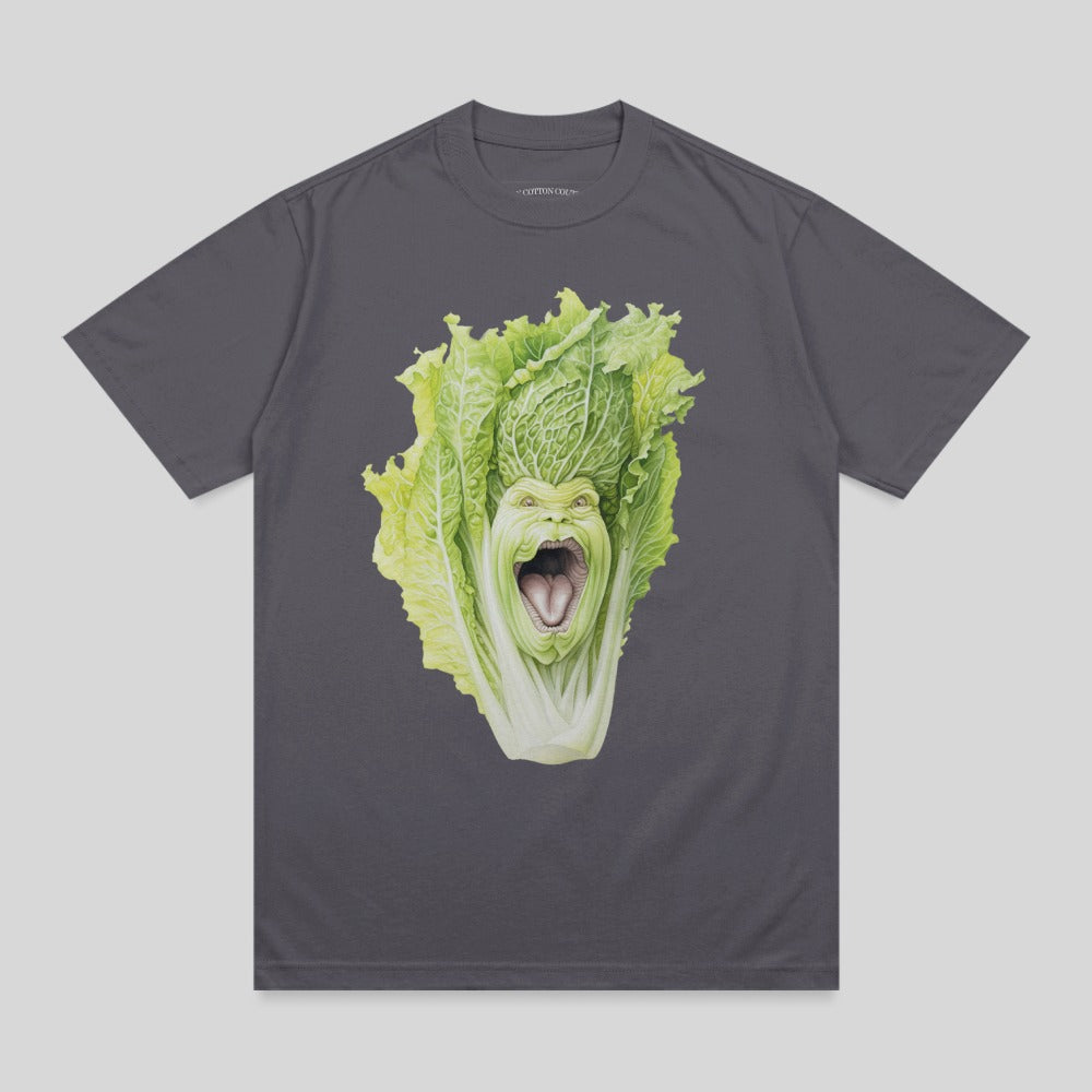 Gray t-shirt with a graphic of a screaming, green-faced cabbage creature.