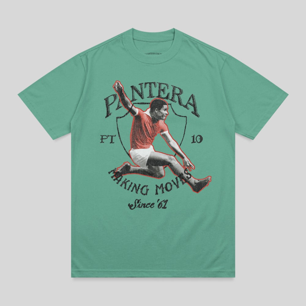 Green t-shirt with graphic of a leaping soccer player and "PANTERA" text.