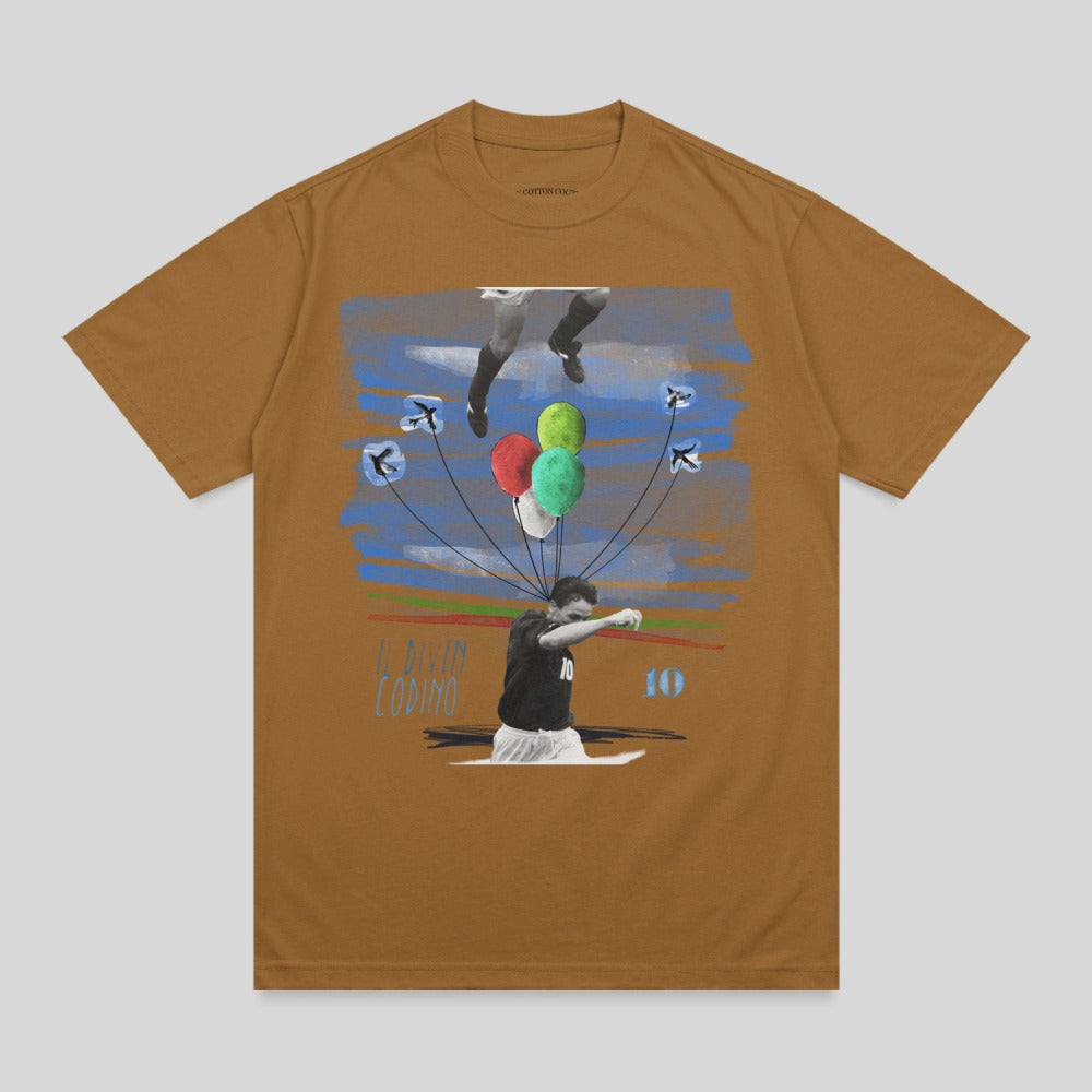 T-shirt featuring a soccer player with balloons and a number 10 graphic.