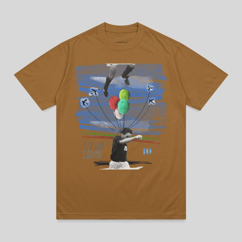 T-shirt featuring a soccer player with balloons and a number 10 graphic.