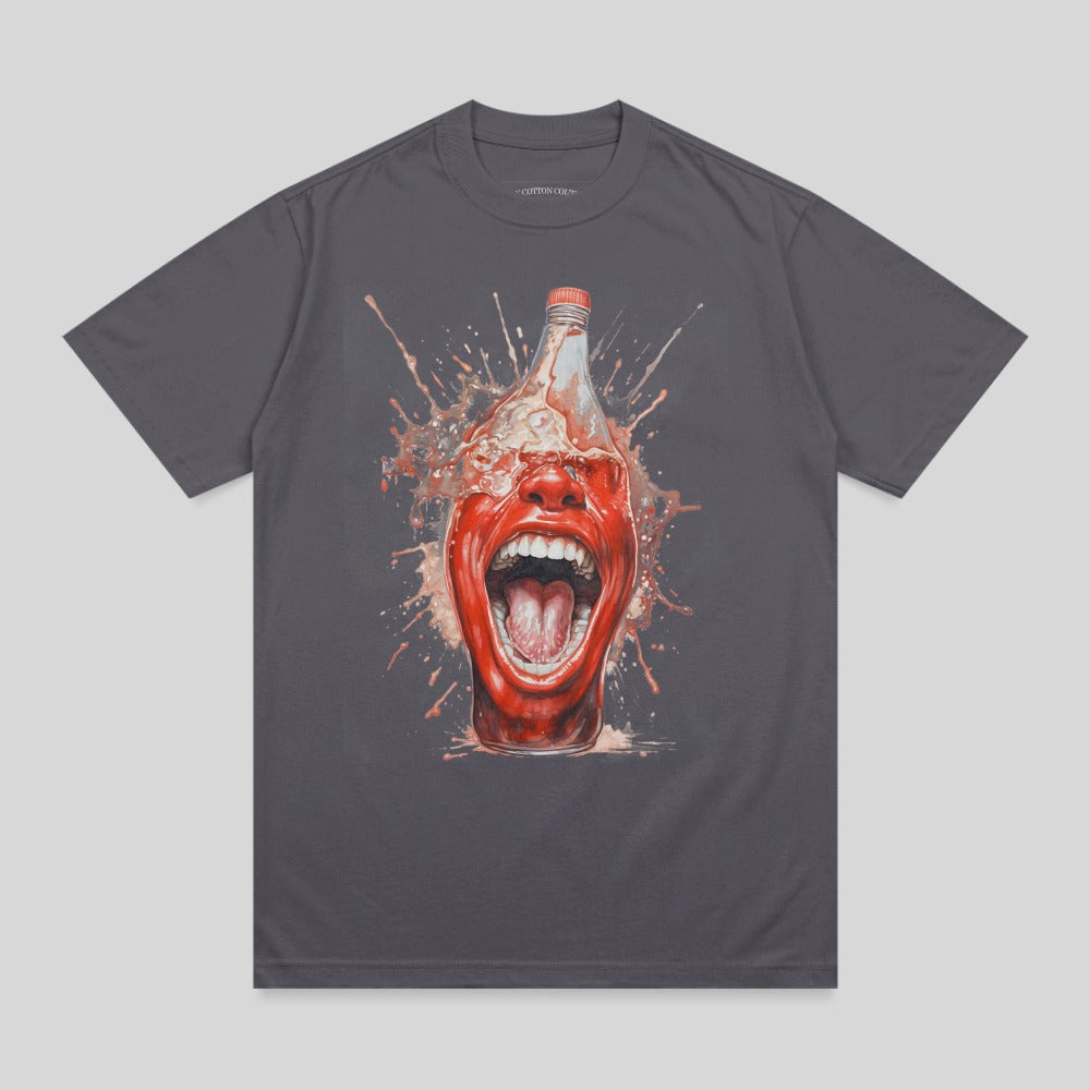 Gray t-shirt with graphic of a face emerging from a splashing bottle.