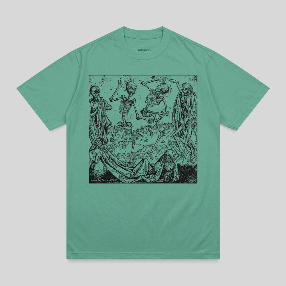 Green t-shirt with "Dance of Death" skeleton print.
