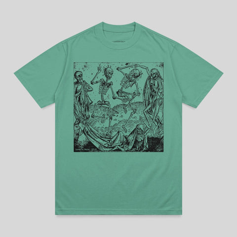 Green t-shirt with "Dance of Death" skeleton print.