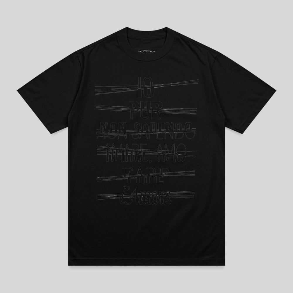 Black t-shirt with horizontal white text in different styles.