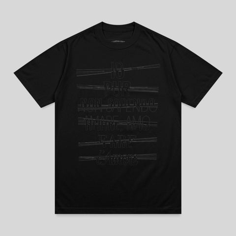 Black t-shirt with horizontal white text in different styles.