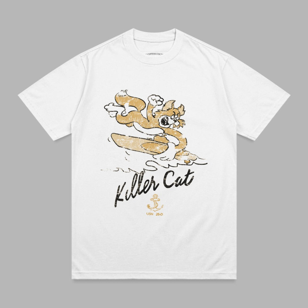 White t-shirt with "Killer Cat" text and cartoon cat surfing.