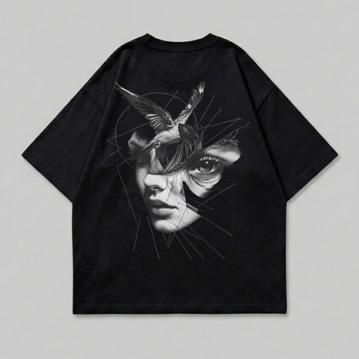 Abstract Vision Bird Eye Surreal Geometric Art product type
Abstract design, Surreal art, Bird graphic, Eye design, Geometric print, Dark aesthetic, Artistic face, Modern illustration, Unique graphic, Statement piece, Avian art, Contemporary style, Black apparel, Vision art, Mystical design, Edgy fashion, Graphic print, Digital art, Fantasy art, Abstract portrait