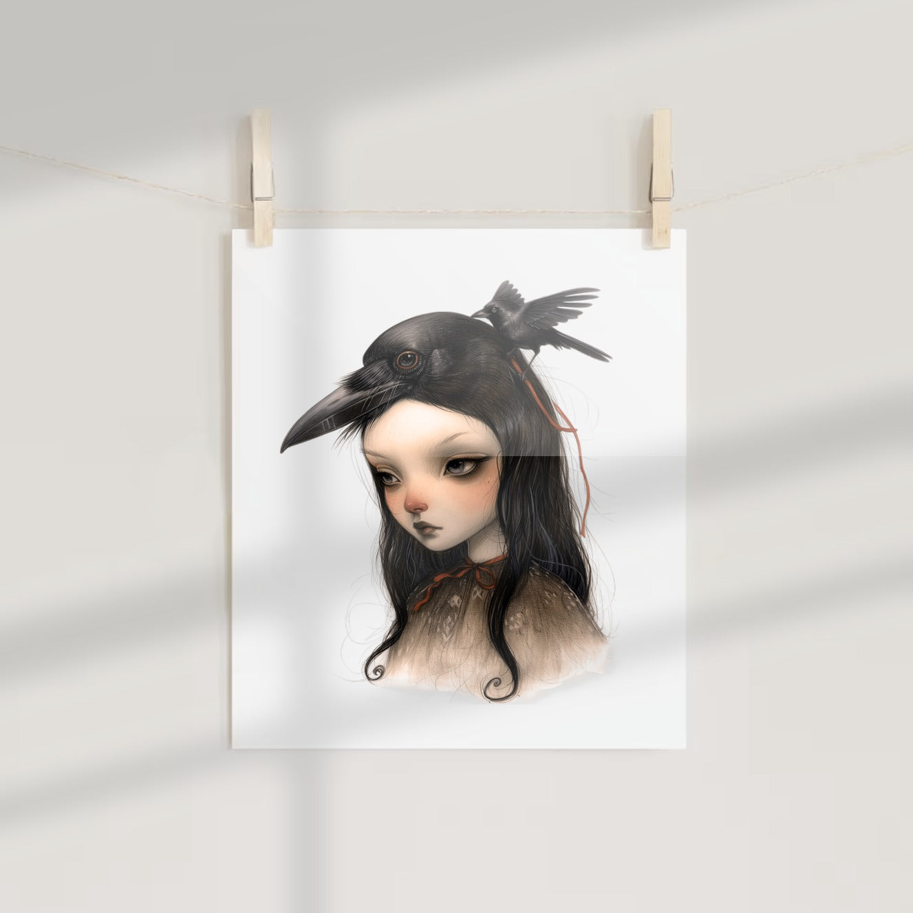 Melancholic Girl with Crow on Head Illustration Print