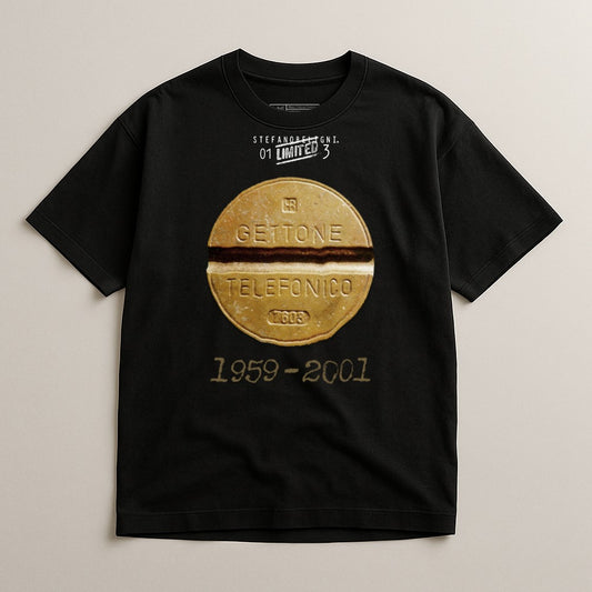 Black t-shirt featuring a gold coin graphic with "GETTONE TELEFONICO 1959-2001" text.