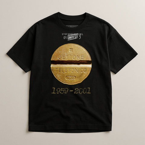 Black t-shirt featuring a gold coin graphic with "GETTONE TELEFONICO 1959-2001" text.