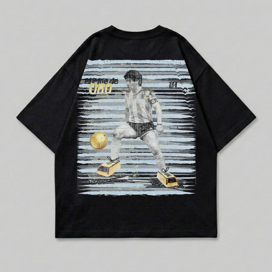 Black t-shirt with Maradona dribbling a soccer ball, "El Diez" text.