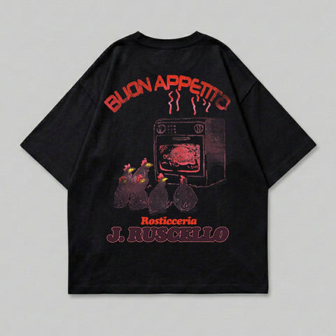 Black t-shirt with rotisserie oven and chickens graphic, "Buon Appetito" and "J. Ruscello" text.