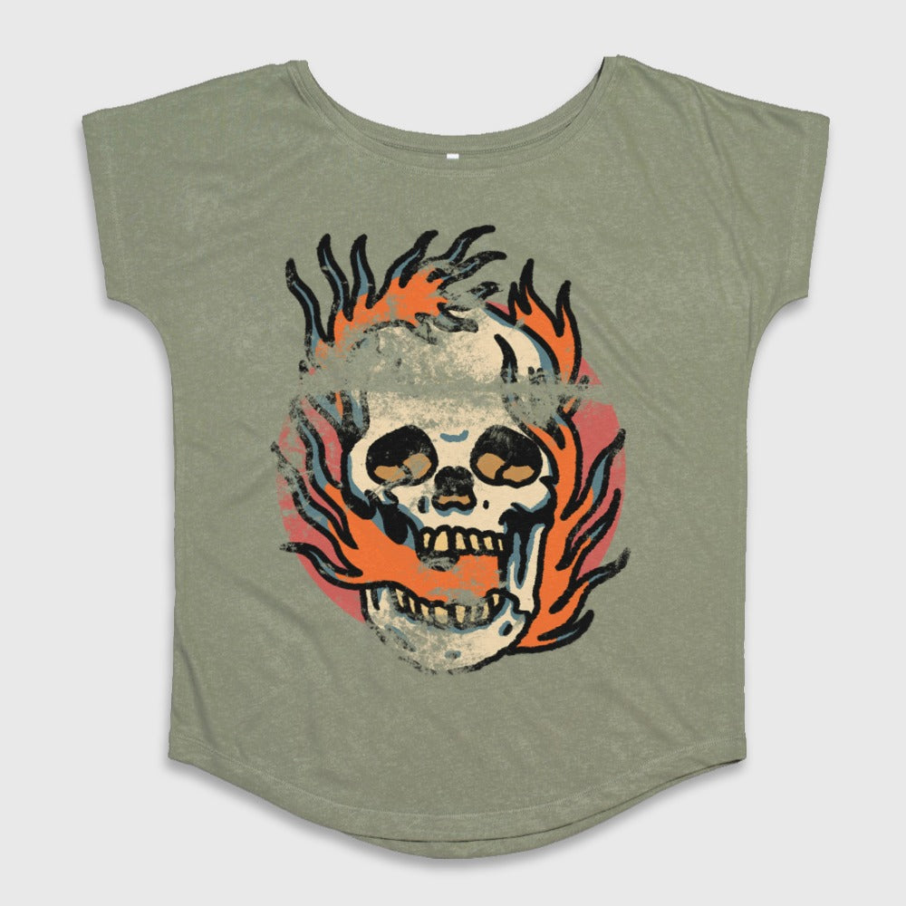 Skull with Flames Graphic on Olive Tee Shirt