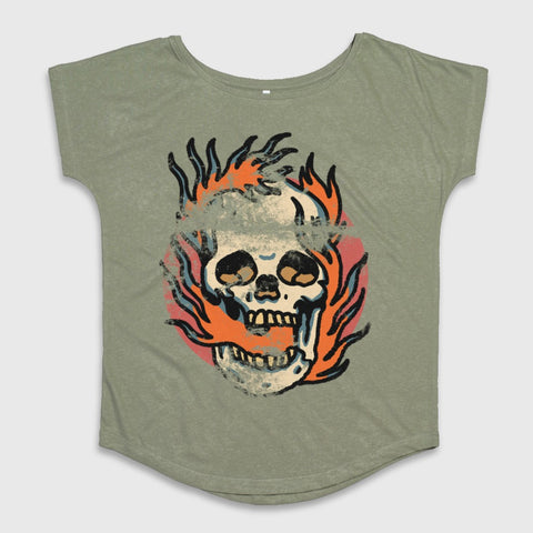 Skull with Flames Graphic on Olive Tee Shirt