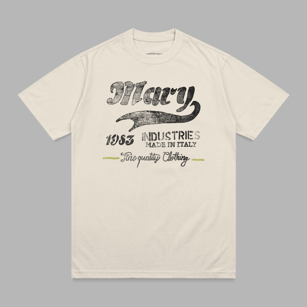 Cream t-shirt with "Mary 1983 Industries Fine Quality Clothing" text.