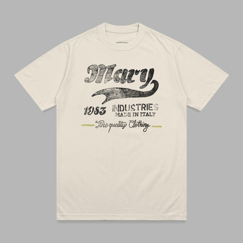 Cream t-shirt with "Mary 1983 Industries Fine Quality Clothing" text.