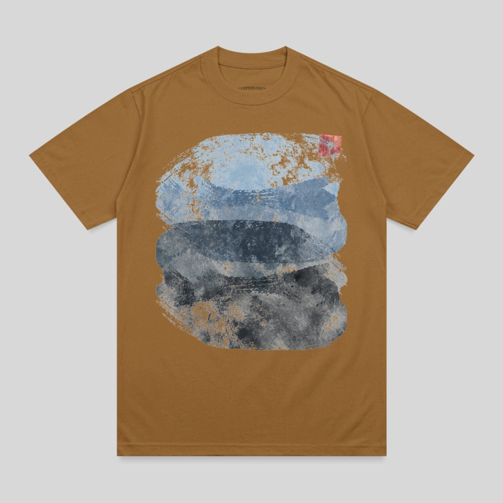 Brown t-shirt with abstract blue and gray brush strokes design.