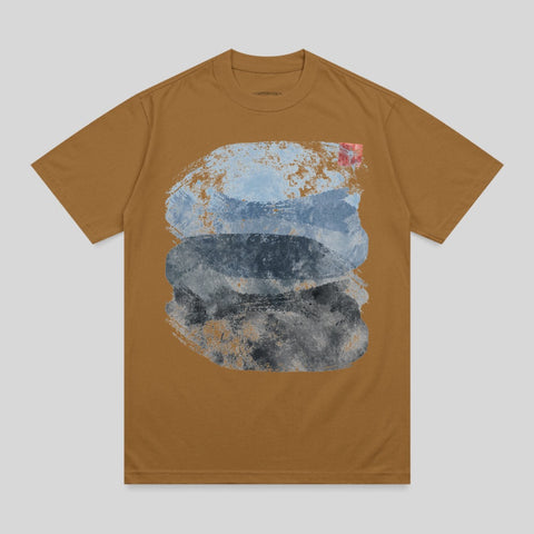 Brown t-shirt with abstract blue and gray brush strokes design.