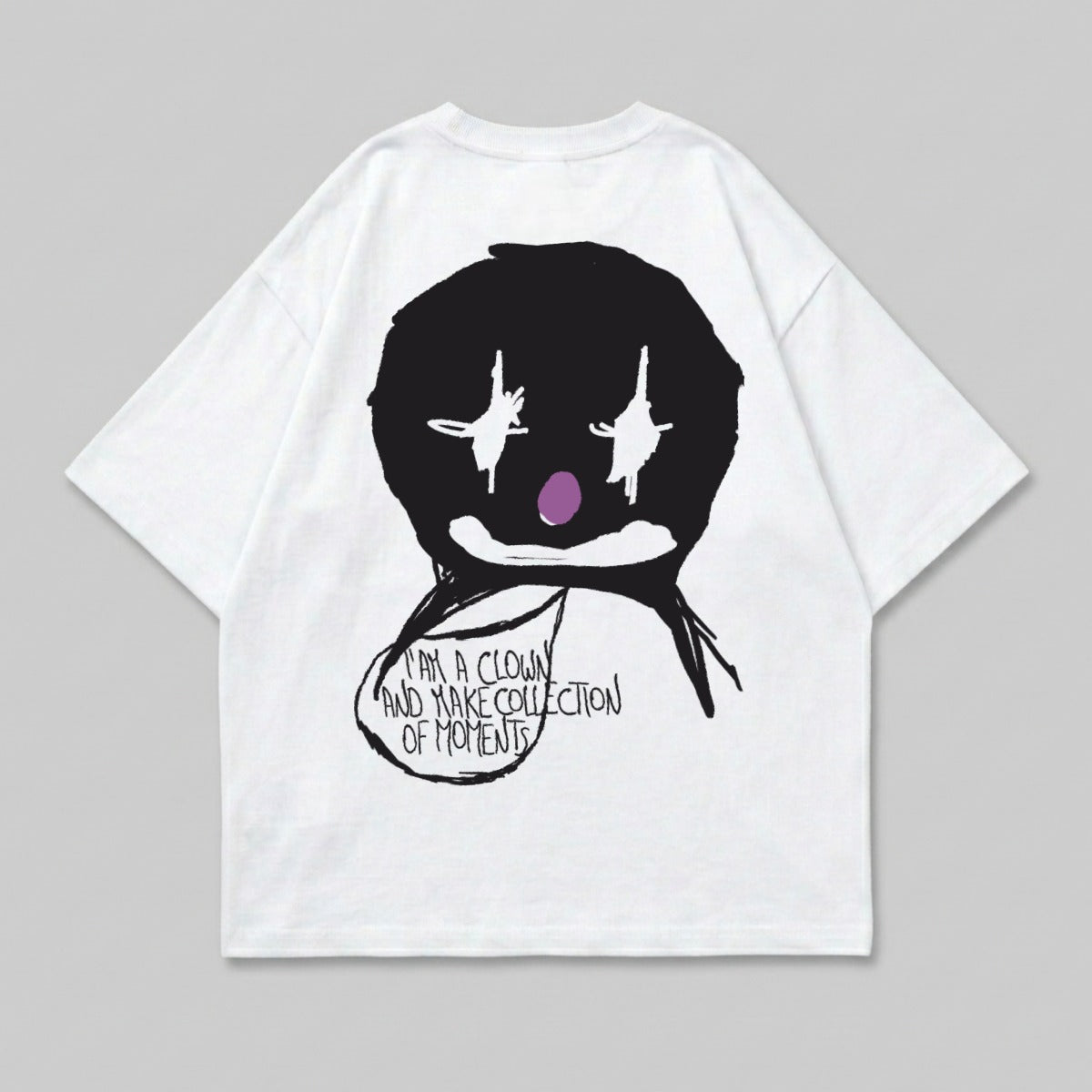 White t-shirt with black and purple clown face graphic and text.