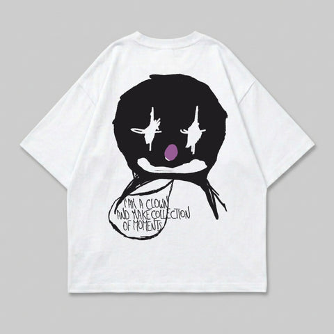 White t-shirt with black and purple clown face graphic and text.