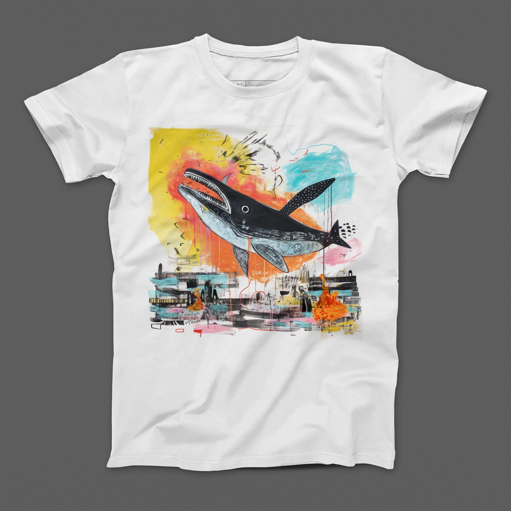 Colorful Artistic Whale Design on White T-Shirt
