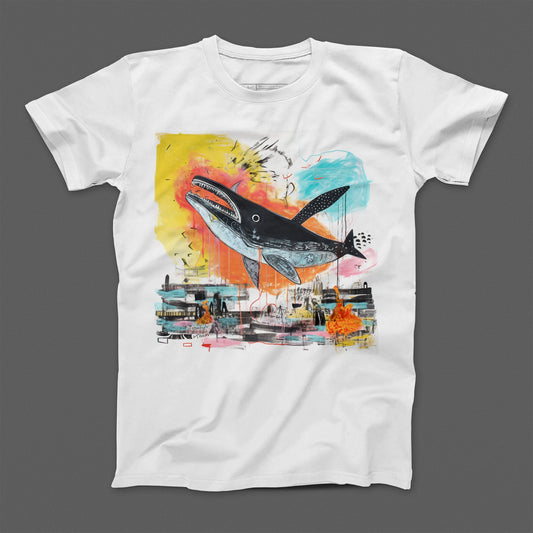 Colorful Artistic Whale Design on White T-Shirt