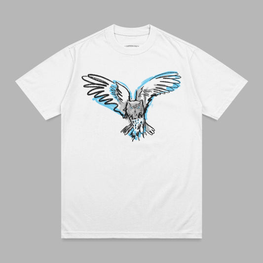 White t-shirt with a sketch of a blue and black owl with outstretched wings.