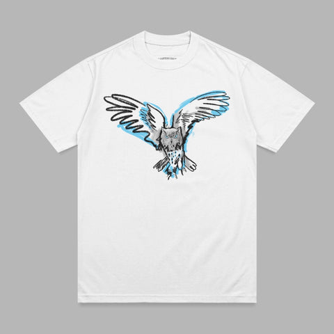 White t-shirt with a sketch of a blue and black owl with outstretched wings.