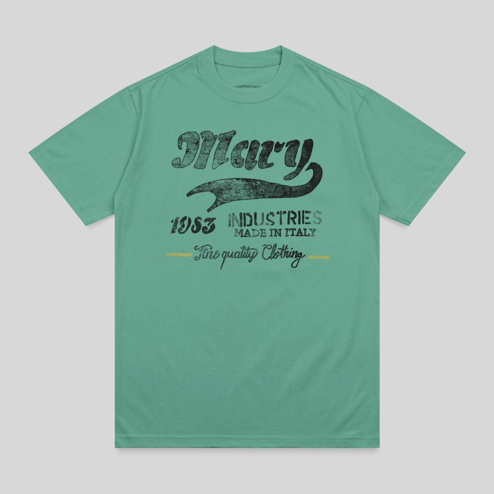 Green t-shirt with "Mary 1953 Industries" and "Fine quality Clothing" text.