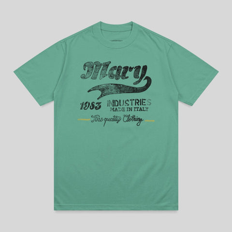 Green t-shirt with "Mary 1953 Industries" and "Fine quality Clothing" text.