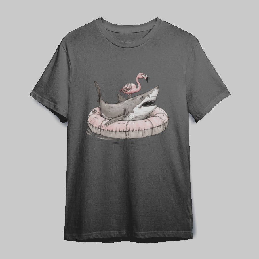 Shark with Flamingo on Pool Float Graphic T-shirt