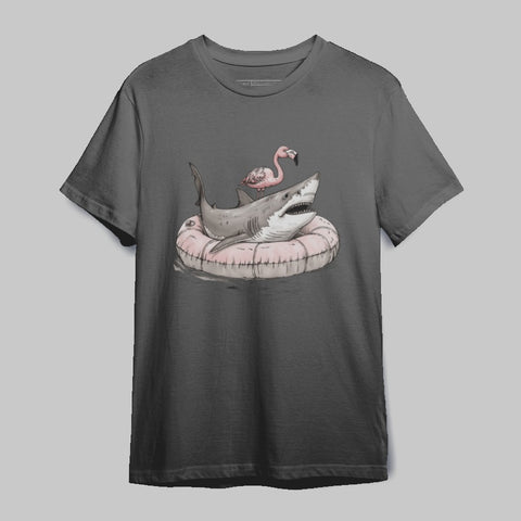 Shark with Flamingo on Pool Float Graphic T-shirt