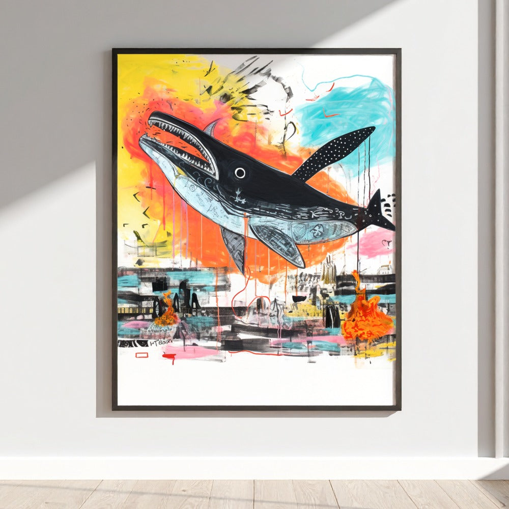 Vibrant Whale Artwork with Abstract Background Poster