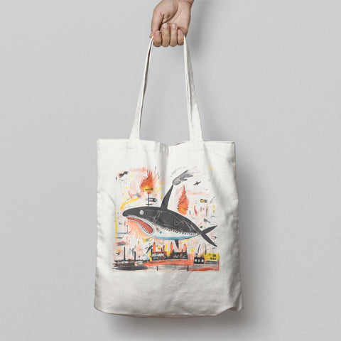 Artistic Whale and Cityscape Print Tote Bag