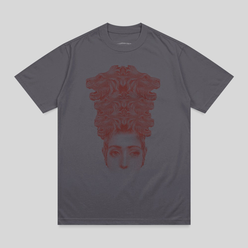 Dark grey t-shirt with a stylized red graphic of a woman's face and lion heads.
