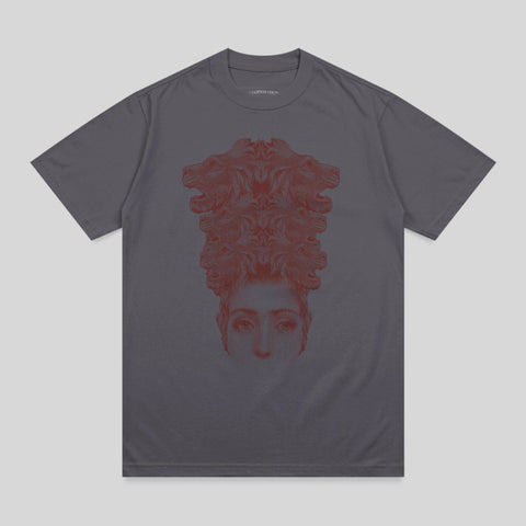 Dark grey t-shirt with a stylized red graphic of a woman's face and lion heads.