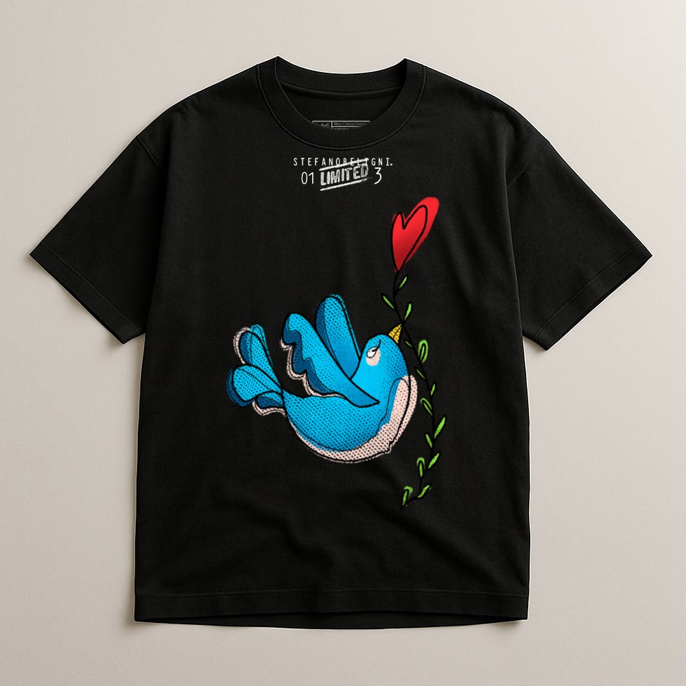 The Little Blue Bird With Heart On Black T-Shirt