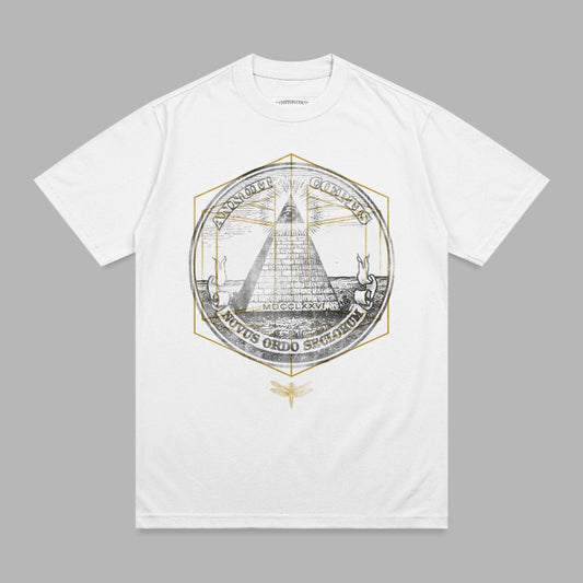 White t-shirt with gold pyramid and eye emblem, "Annuit Coeptis" and "Novus Ordo Seclorum" text.