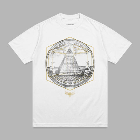 White t-shirt with gold pyramid and eye emblem, "Annuit Coeptis" and "Novus Ordo Seclorum" text.