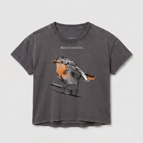 Dark grey t-shirt with a painted robin illustration and "Mary Cotton Co." text.
