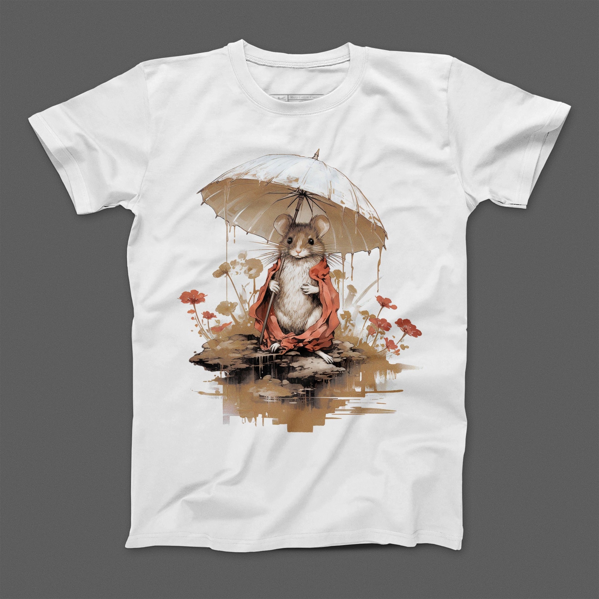 Cute Mouse with Umbrella and Flowers Graphic T-Shirt