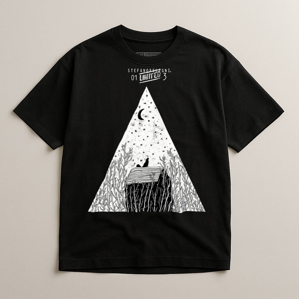 Artistic Triangle Design Cat Moon Graphic Tee