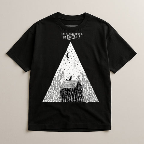 Artistic Triangle Design Cat Moon Graphic Tee