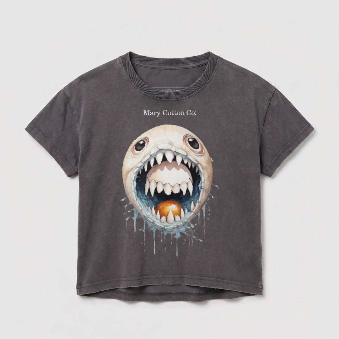 Gray t-shirt with a cartoon monster graphic featuring a large, open mouth.