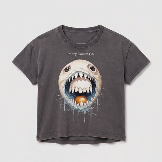 Gray t-shirt with a cartoon monster graphic featuring a large, open mouth.