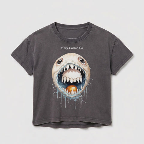Gray t-shirt with a cartoon monster graphic featuring a large, open mouth.