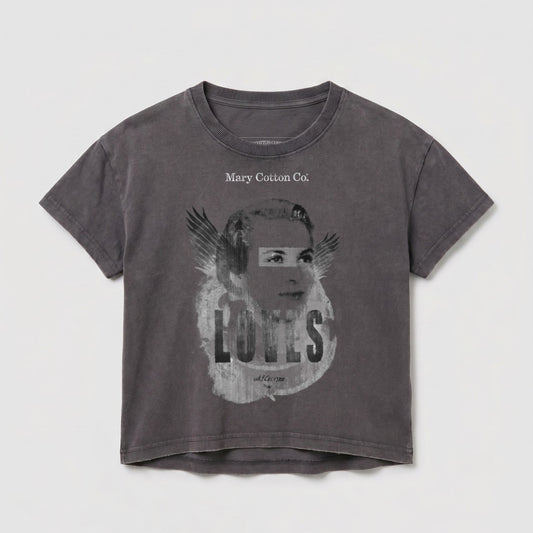 Charcoal t-shirt with "Mary Cotton Co." and angelic graphic on front.
