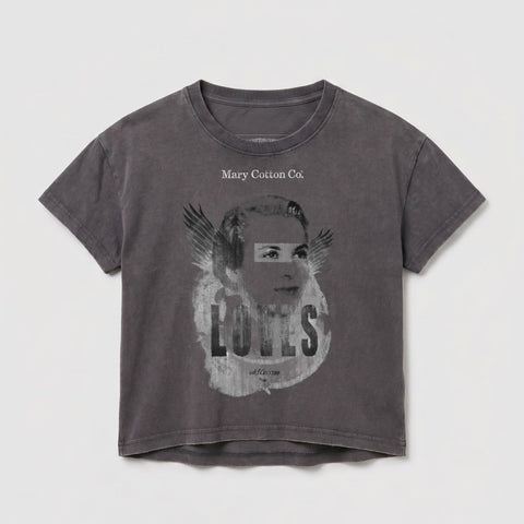 Charcoal t-shirt with "Mary Cotton Co." and angelic graphic on front.