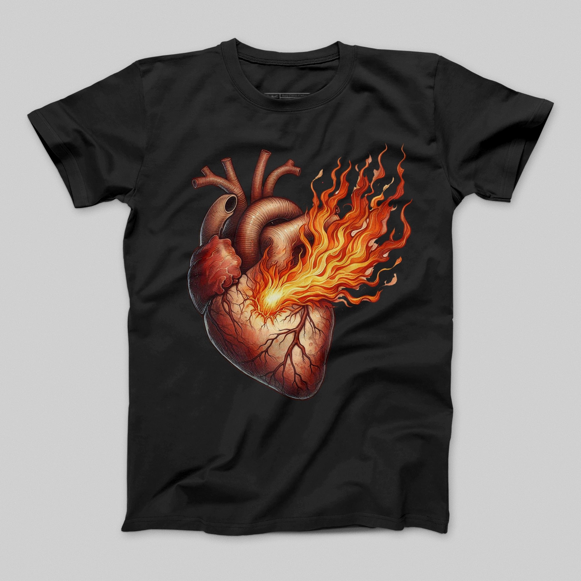 Flaming Heart Artistic Tee with Fiery Detail Graphic