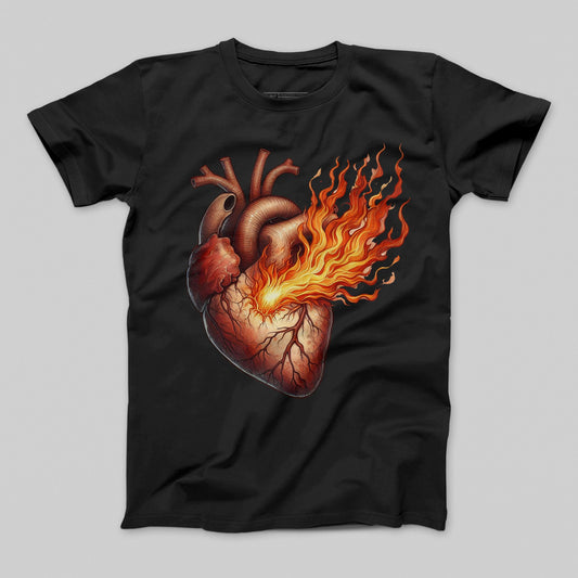 Flaming Heart Artistic Tee with Fiery Detail Graphic